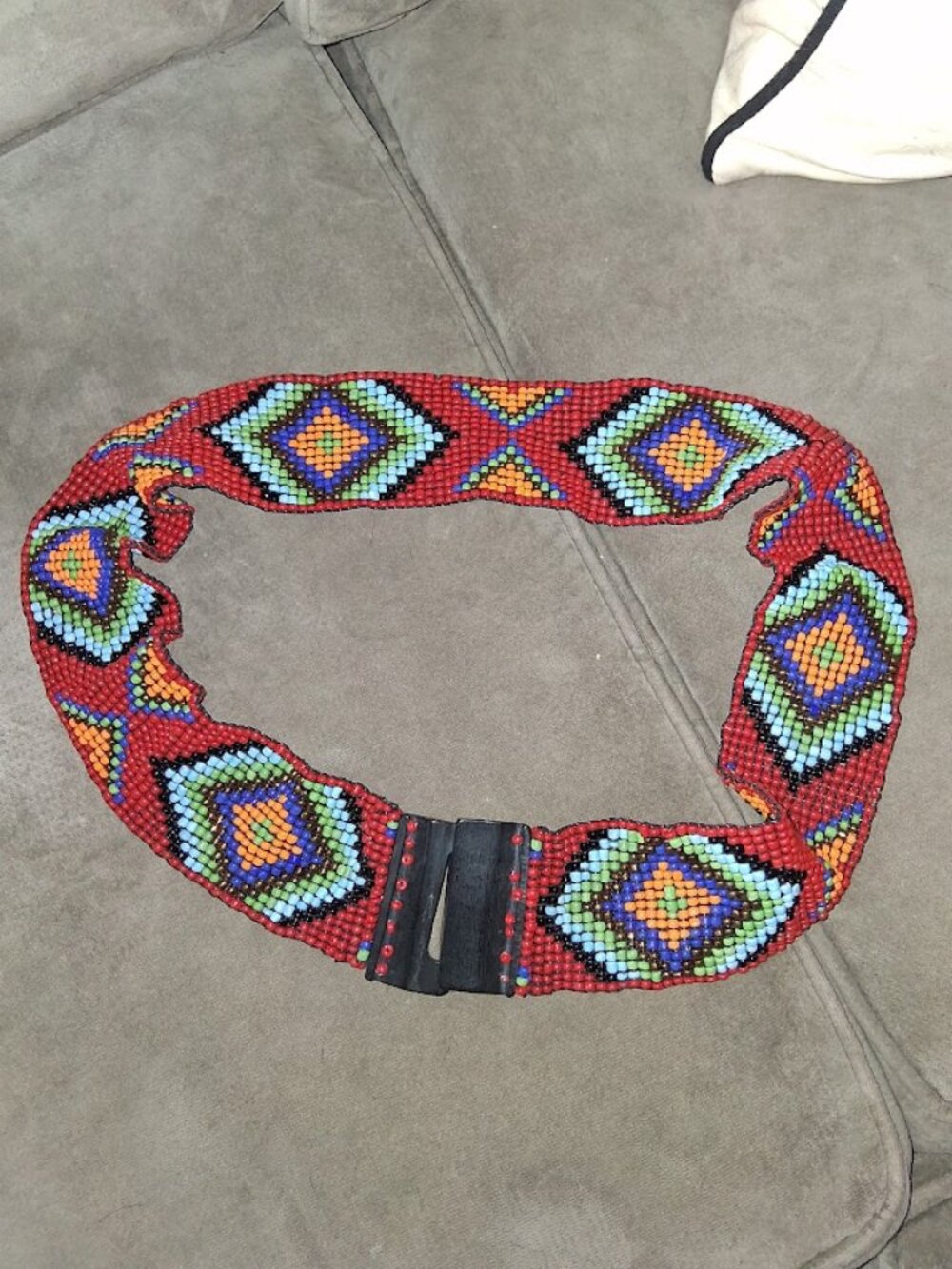 Chico's Wood Interlock Buckle Glass Beaded Stretch Belt Aztec Design Sz M/L